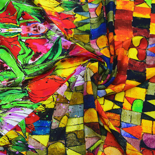 宽门幅亮色艳丽印花02双绉边花真丝双绉连衣裙布料桑蚕丝绸面料