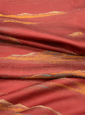 红色织提花大气千里江山宋锦香云纱40姆旗袍连衣裙布喜庆礼服面料