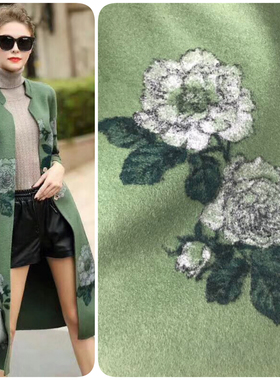 韩国绿色印花双面羊绒面料高端进口花朵羊毛大衣精品女装制衣布料