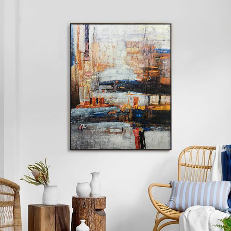 手绘油画客厅挂画 抽象黑调城市建筑玄关过道定制装饰画图片