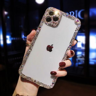 适用苹果17ProMax精孔手机壳镶钻iPhone16带钻石闪13mini全包摄像头15plus透明软硅胶套14边框12网红新款XS女