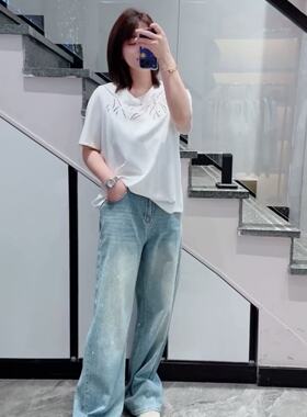 蜕变日记21693大码牛仔裤女胖mm阔腿裤子烫钻直筒裤200斤女装新款