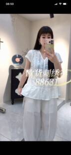 流依涵88631大码衬衫女胖mm短袖V领上衣200斤女装新款棉麻衬衣夏