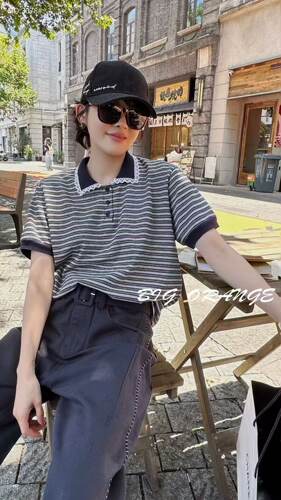 大橘子3078大码T恤衫短袖女胖mm条纹POLO衫200斤女装新款休闲上衣