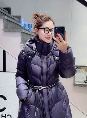 妃儿红9207大码羽绒服女胖mm中长连帽收腰200斤女装新款90白鸭绒