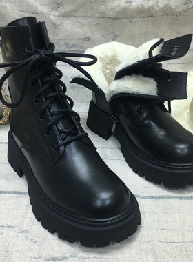 2023冬季新款系带英伦马丁靴保暖短靴真皮厚底羊皮毛一体雪地靴女
