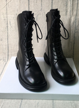 2024秋季新款英伦风马丁靴女真皮中跟女靴平底机车靴子厚底中筒靴