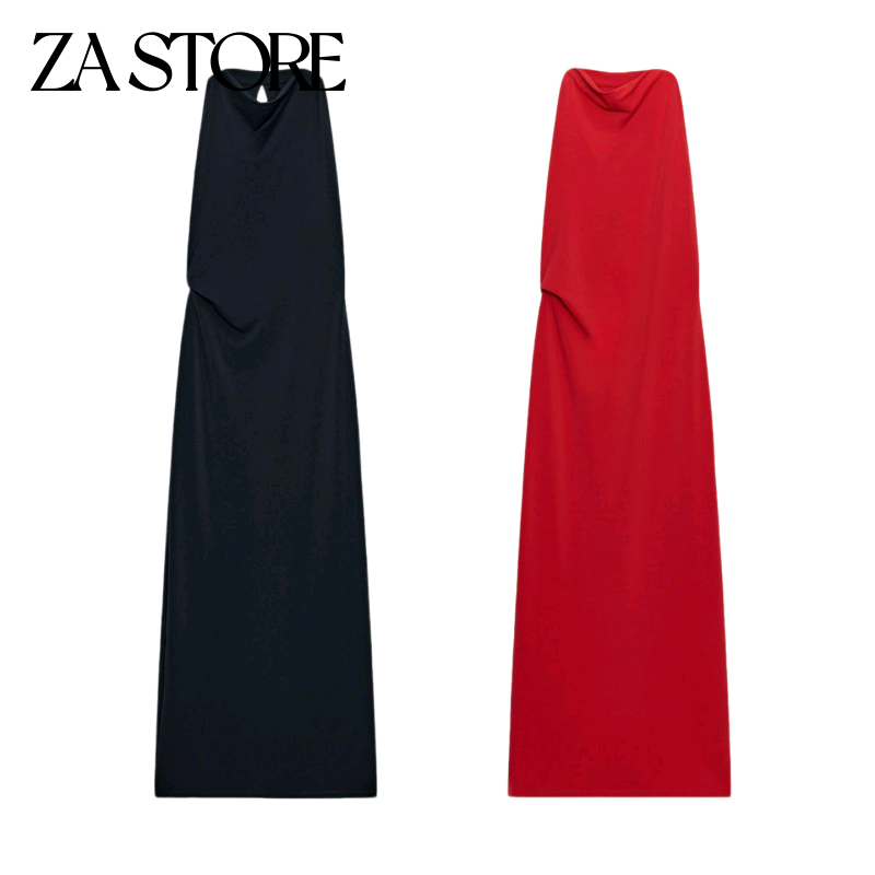 ZA 夏季新品女装ins风露背垂性挂脖领褶皱装饰长款连衣裙 1165015