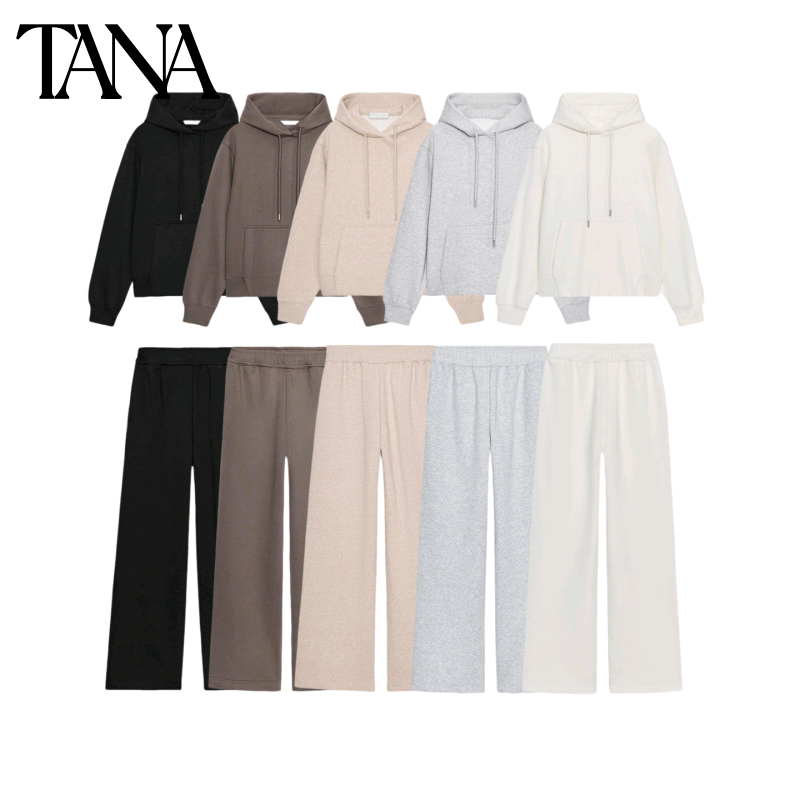 长袖圆领连帽基本款卫衣3199630 中腰系带饰绒布宽腿裤3199631