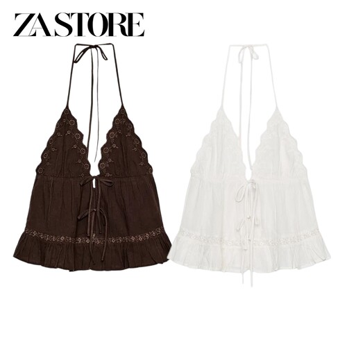 ZA 夏季新品女装休闲风蝴蝶结系带V领薄纱刺绣饰挂脖上衣 0881035