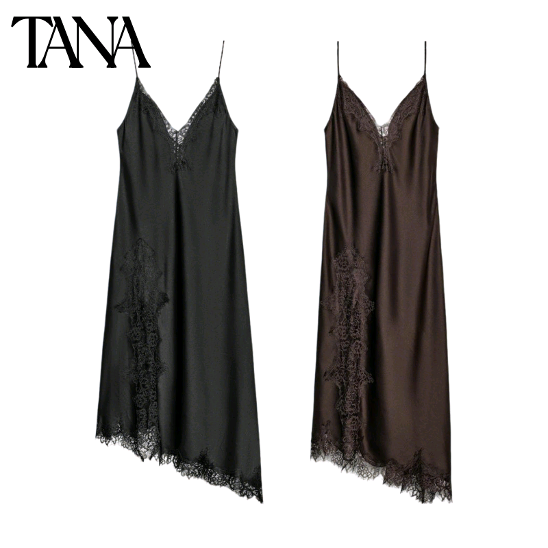 冬季新品女装V领无袖丝缎质感蕾丝吊带连衣裙 5919208 5919040