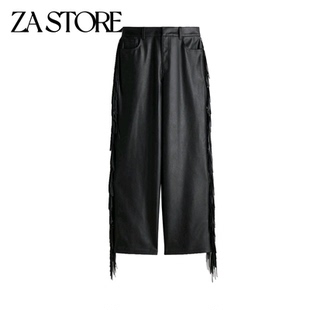 春夏新品 通勤风拉链式 中腰直筒流苏涂层阔腿休闲长裤 1273181 女装
