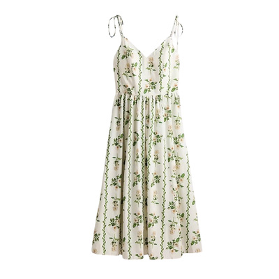 春季新款女装度假风V领蝴蝶结系带长款喇叭吊带连衣裙 1332607