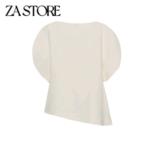春季女装休闲风拉链式不对称下摆一字领泡泡短袖上衣 1063198