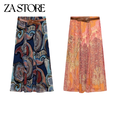 ZA 夏季新品女装弹力腰身印花配腰带迷笛半身裙 9540274 2500301