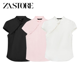 ZA 夏季新品女装短袖中山领侧纽扣丝缎质感上衣 2751051 2751341