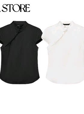 ZA 夏季新品女装休闲风拉链式中山领超短袖侧边纽扣上衣 2751341