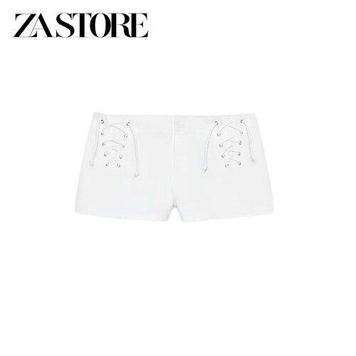 ZA 夏季新品女装金属钩扣拉链式低腰迷你绑带饰牛仔短裤 6855002