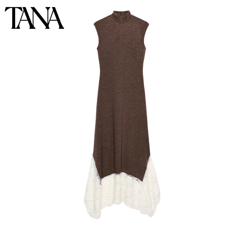 冬季新品女装A字形半高领无袖撞色蕾丝拼接长款连衣裙 5039236