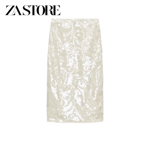 ZA 夏季新品女装拉链式中腰珠片装饰直筒下摆迷笛半身裙 4786300