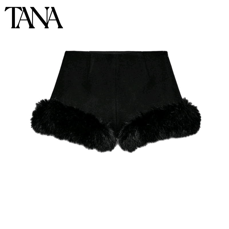 冬季新品女装法式设计感休闲风高腰人造皮草效果短裤 1255570