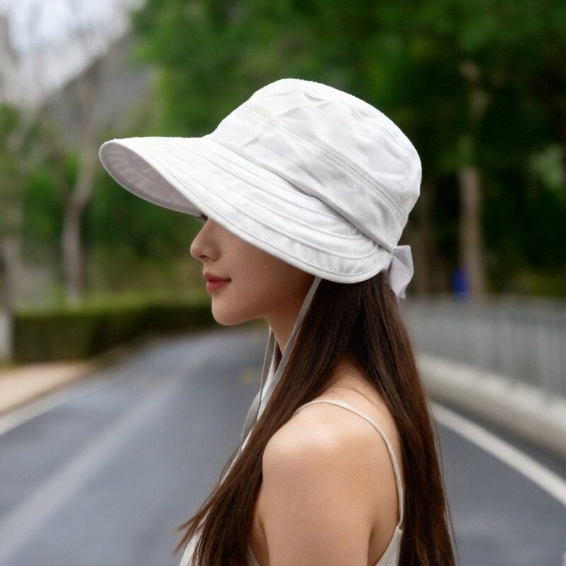 出口日本大檐渔夫帽子女夏轻薄透气蝴蝶结防晒棒球帽可扎马尾白色