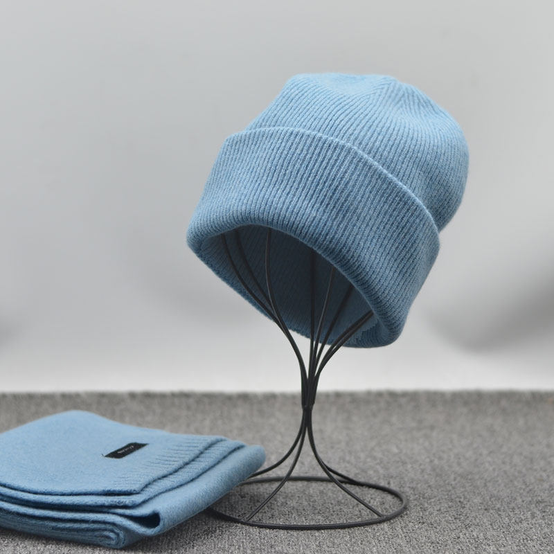 100%澳洲纯羊毛蓝色毛线帽子女冬韩版加厚保暖围巾组合洋气针织帽