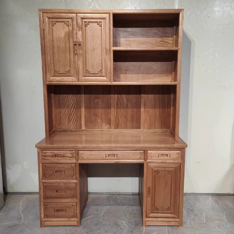 红木书桌进口菠萝格书架组合电脑桌打蜡全实木写字台办公桌1.3米