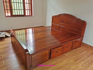 红木床菠萝格大床实木龙凤结婚双人床加高带抽屉高箱床1.5米1.8米