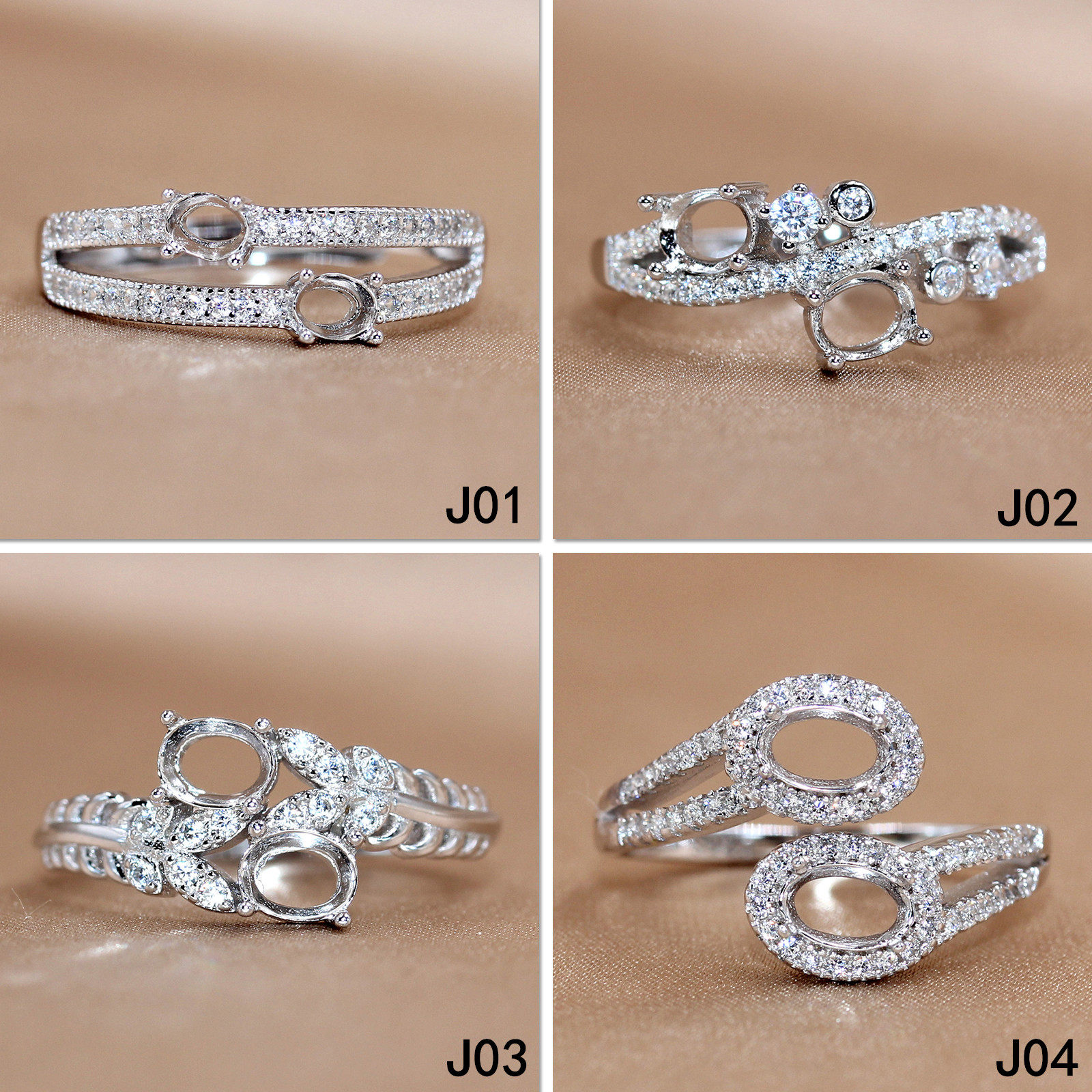 精工S925银戒指空托指环镂空镶钻繁花轻奢双头双生花3*4-4*5-4*6