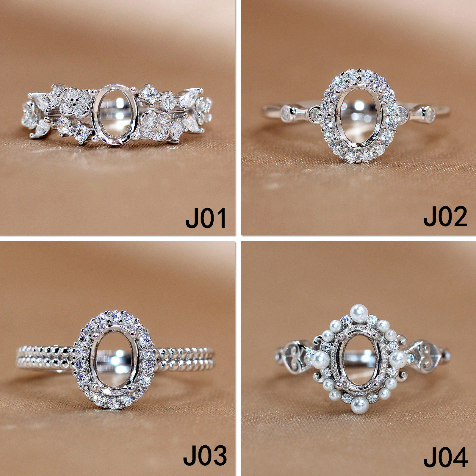 精工S925银轻奢镶钻戒指空托女椭圆形主石水钻花朵造型开口5*7mm