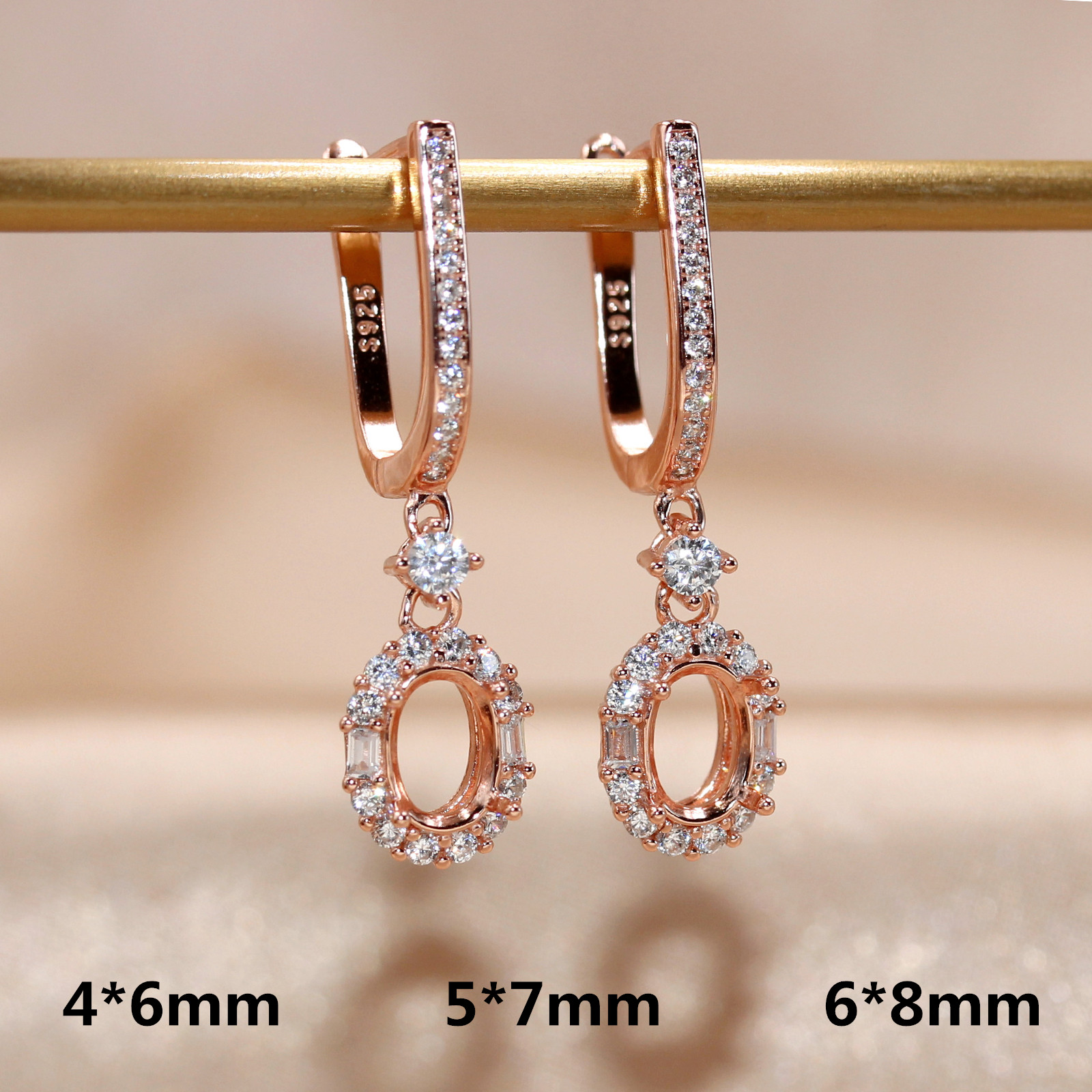 精工围钻S925银镀白金玫瑰耳钉耳扣耳环耳坠空托4*6-5*7-6*8mm