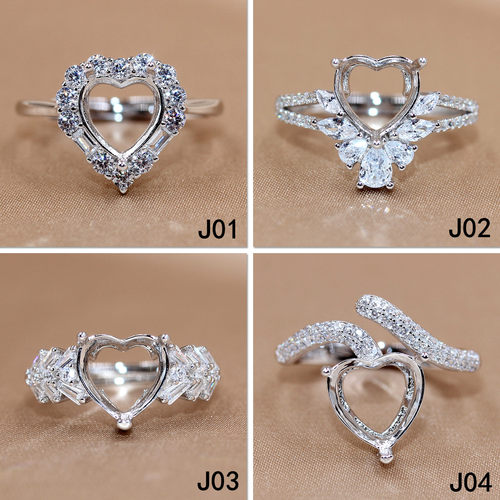 精工S925纯银戒指空托精致爱心形女镶钻开口百搭8*8-9*9-10*10