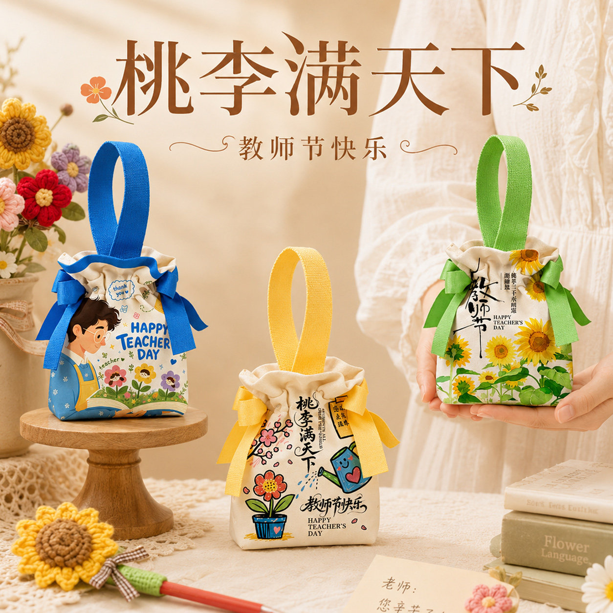 教师节帆布手提束口礼袋送老师图片