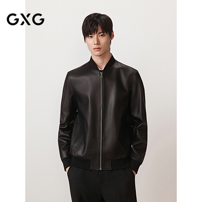 GXG男装 简约真皮羊皮革夹克休闲棒球领夹克外套皮衣25年秋季新品