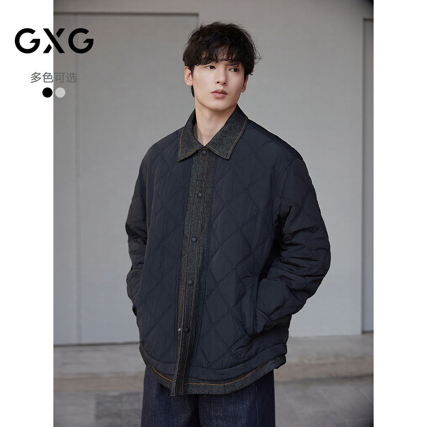 GXG男装  绗缝葫芦纹牛仔拼接假两件棉服夹克外套 25年冬季新品