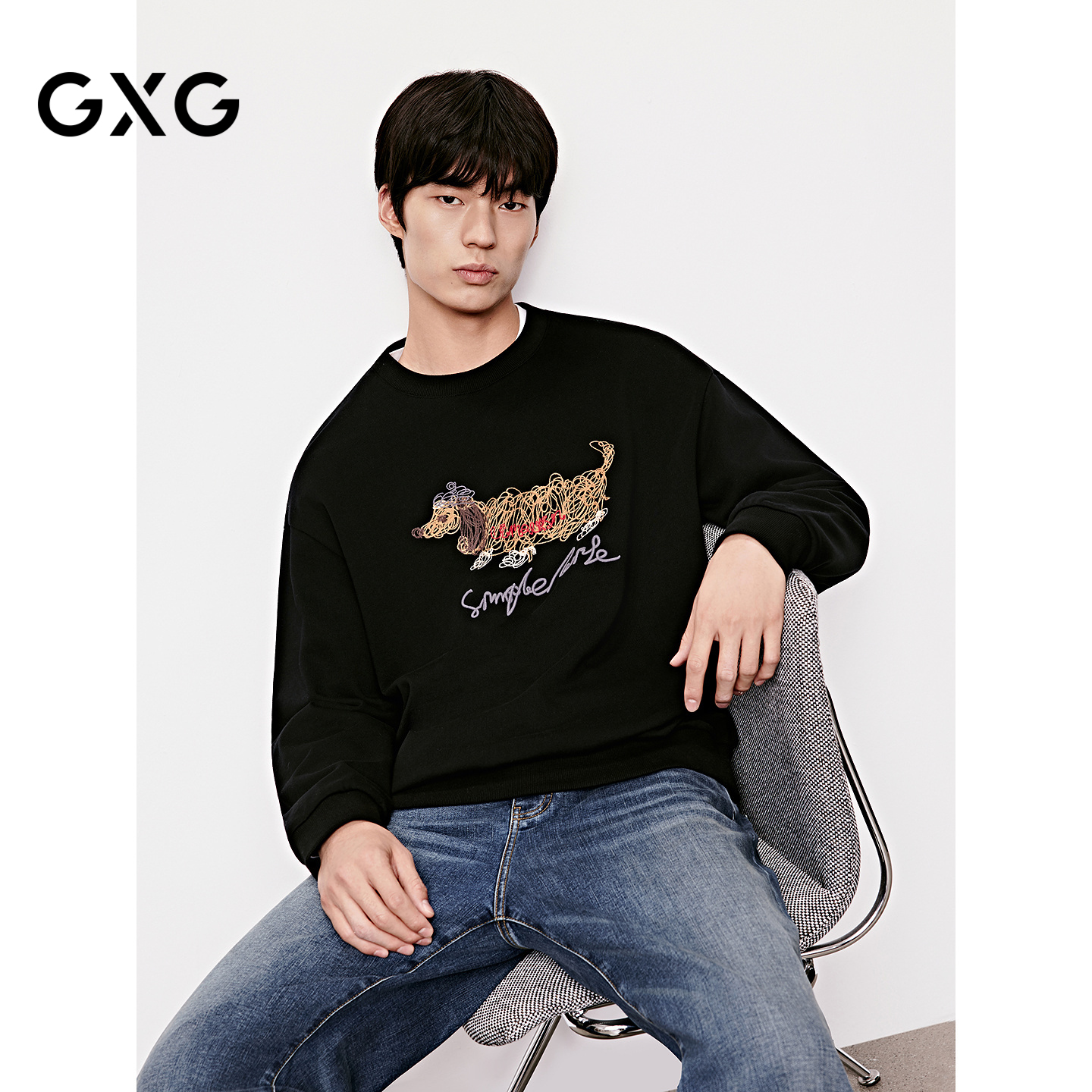 GXG男装 圆领套头卫衣小狗印花上衣长袖卫衣 25冬新品