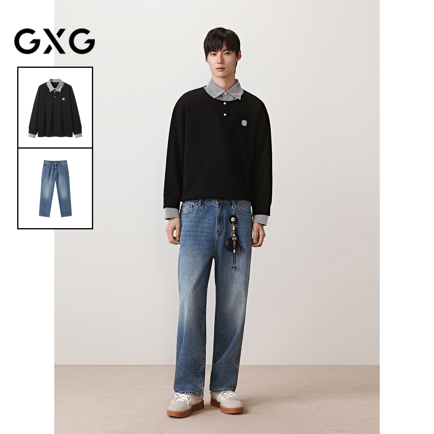 GXG男装 25年秋季新品假两件设计卫衣复古做旧水洗牛仔裤通勤套装