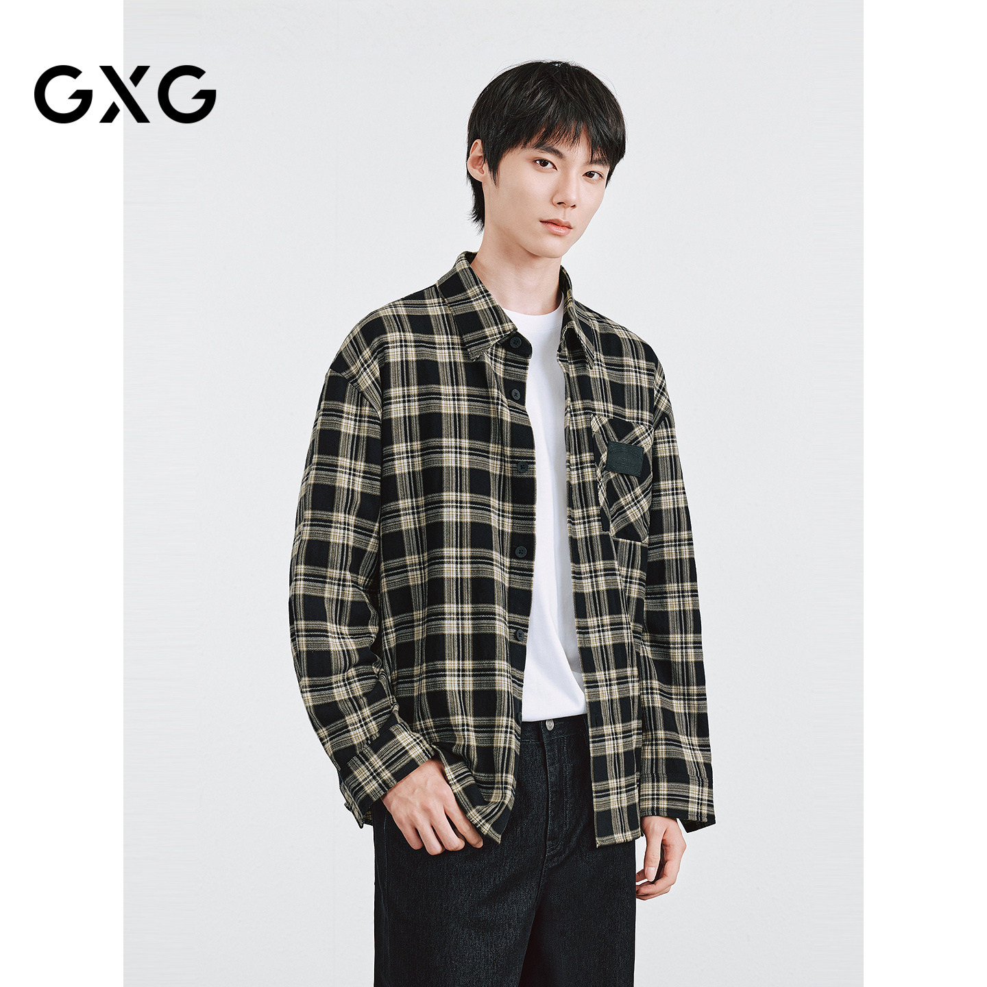 GXG 经典黑格纹小外套男士休闲外穿长袖衬衫  2025冬季