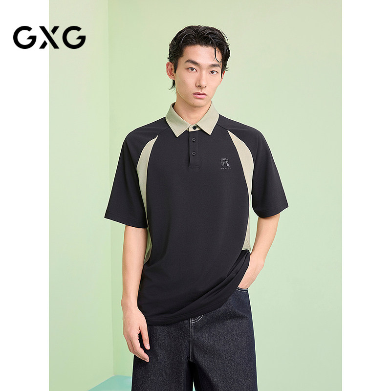 GXG男装 拼接撞色运动polo衫休闲时尚翻领短袖上衣  25夏新品
