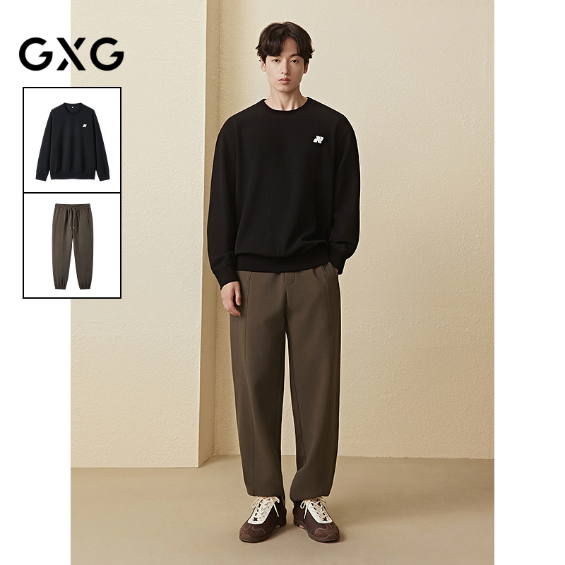 GXG男装 25年秋季新品圆领华夫格肌理卫衣简约束脚长裤通勤套装