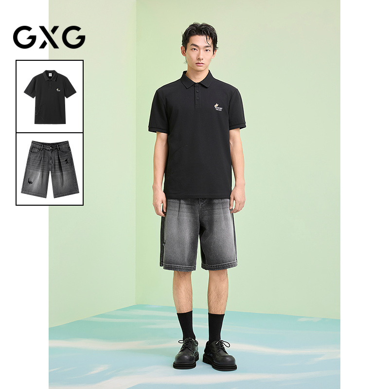 GXG男装 25年夏季新品凉感新中式商务polo破洞牛仔短裤通勤套装