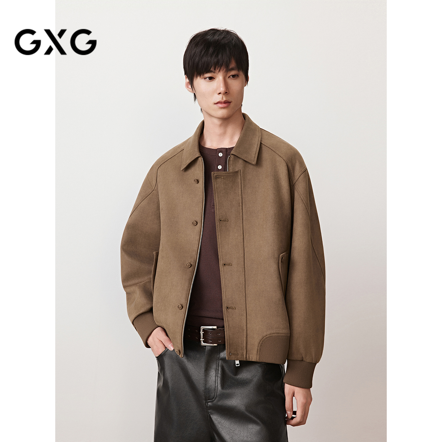 GXG男装 斜纹仿麂皮翻领夹克外套廓形不规则门襟上衣2025秋季新品