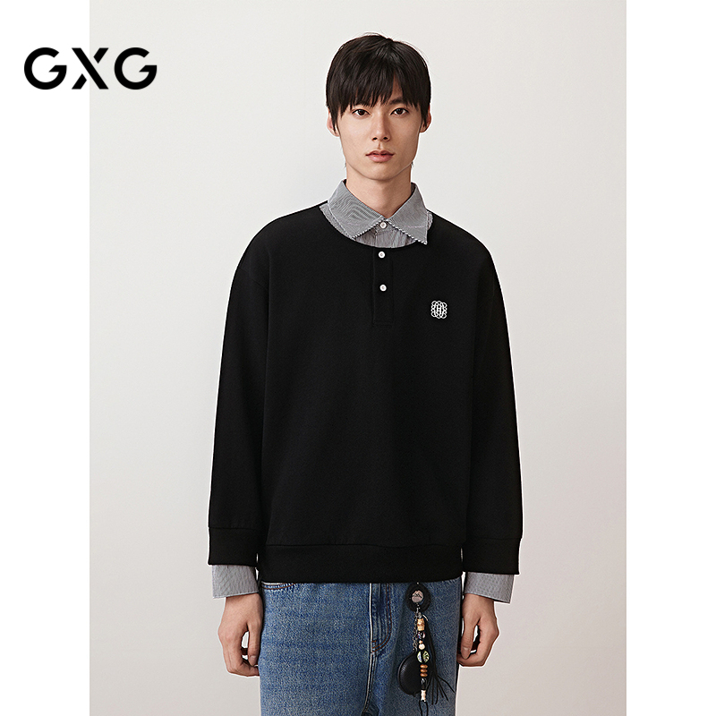 GXG男装 衬衫假两件设计卫衣纯色小标长袖内搭 2025秋季新品
