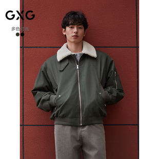 GXG男装 复古仿羊毛羔领工装夹克休闲棉服刺绣外套 25年冬季新品