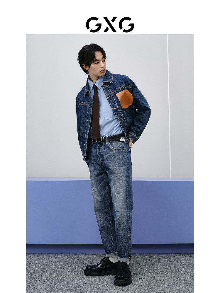 GXG MENS SPRING 24 PU LEATHER POCKET COMMUTER DENIM JACKET STRETCH WASH JEANS EVERYDAY CASUAL SET