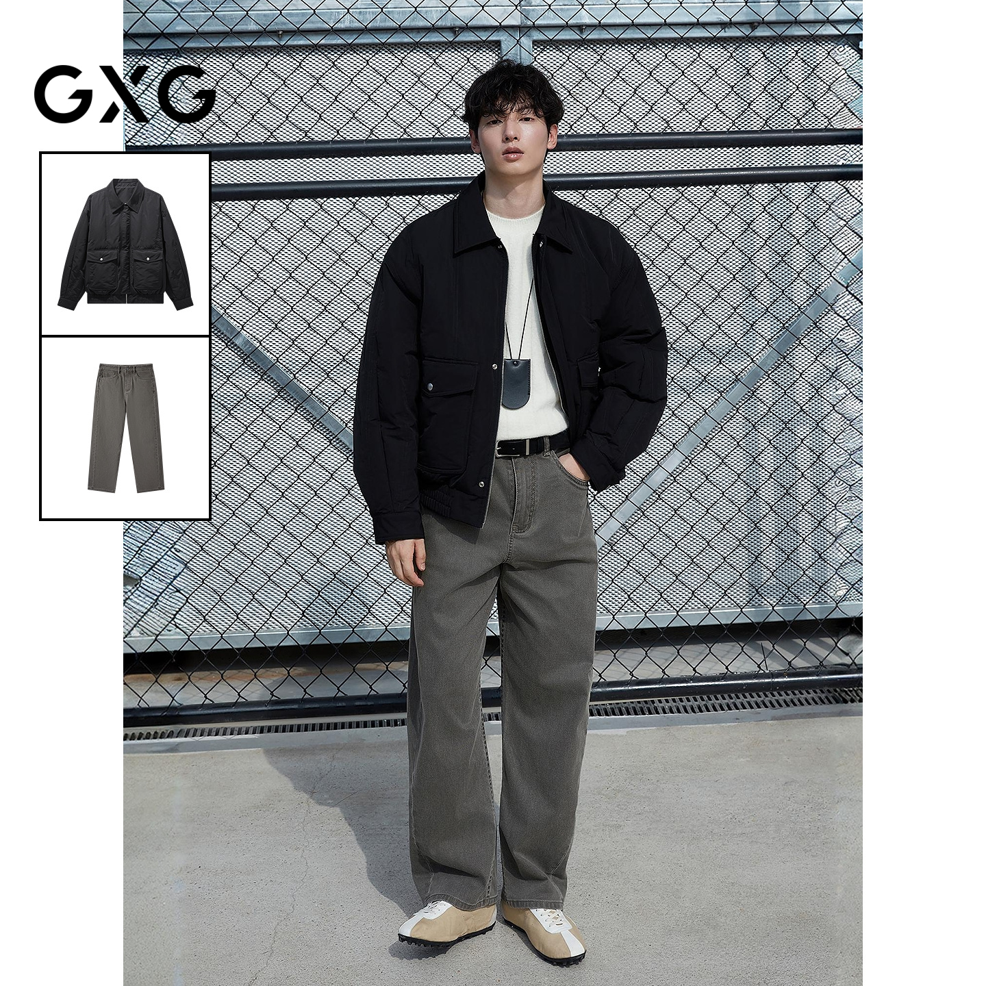 GXG男装 25年冬季新品翻领设计加厚羽绒服直筒彩牛牛仔裤通勤套装