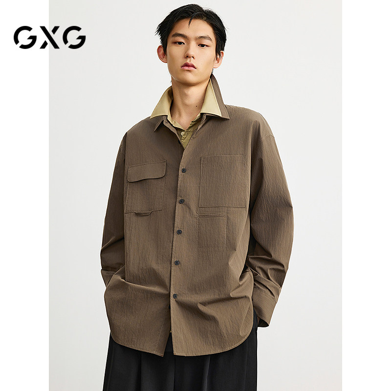 GXG男装 棕色口袋设计简约时尚长袖衬衫25年春季新品G25X031007