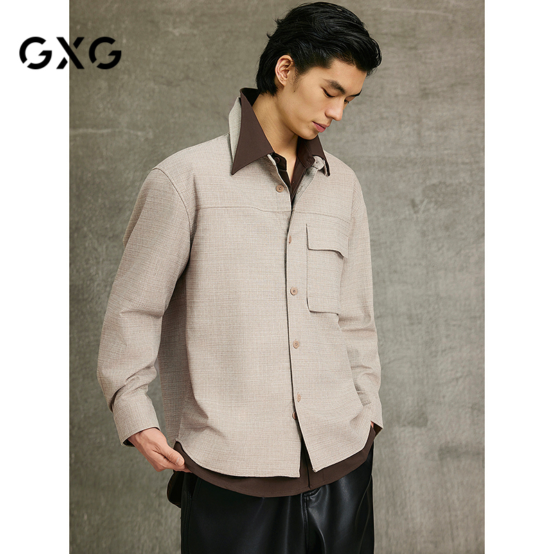 GXG男装 卡其色小香风宽松时尚长袖衬衫25年春季新品G25X031033
