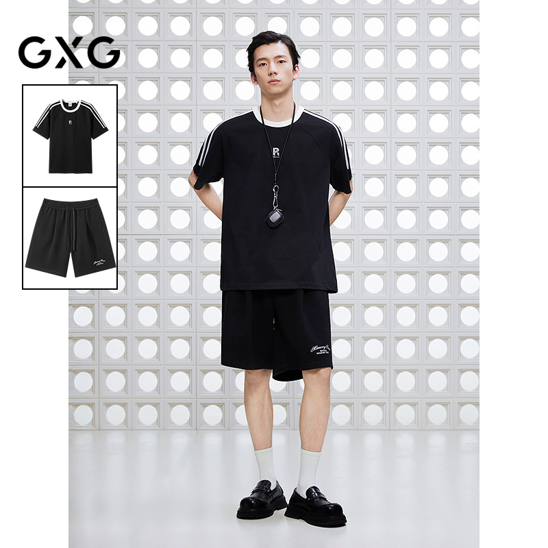 GXG男装 25年夏季新品撞色拼接宽松短袖T恤肌理针织短裤通勤套装